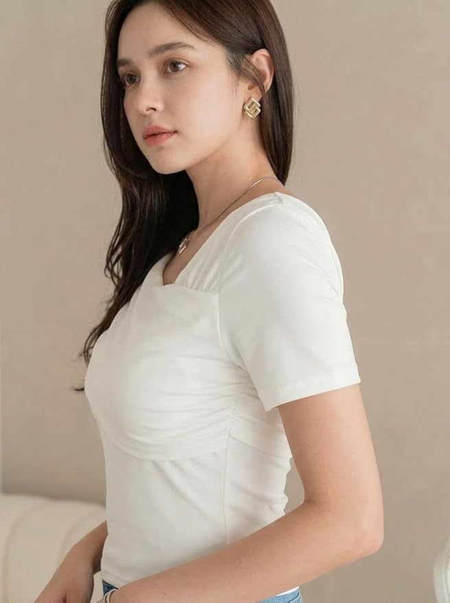 Istyle Can Women Ruched Asymmetrical Neck Stretch Top - Image 2