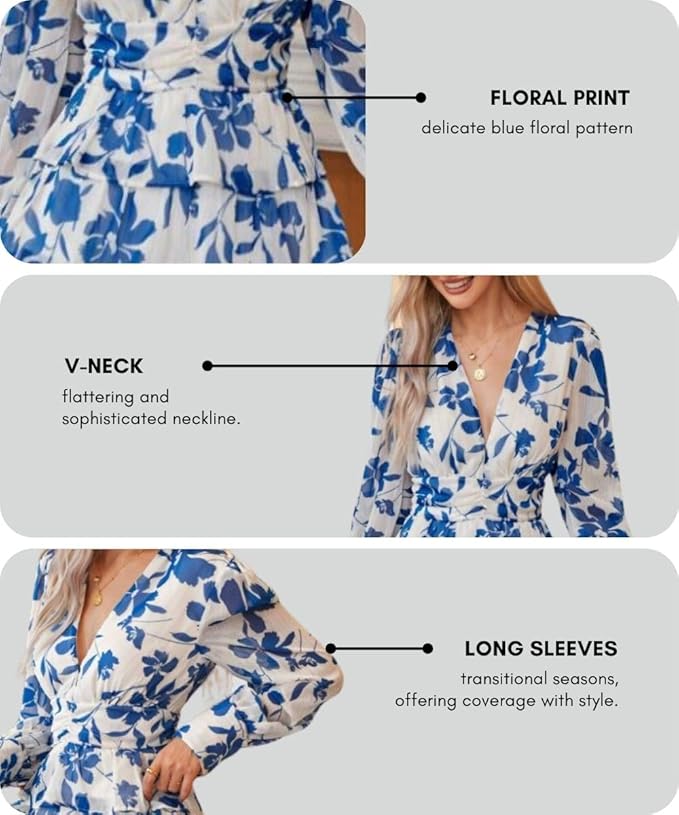 Leriya Fashion Women’s V-Neck Floral Print Ruffle Long Sleeve A-Line Mini Dress | Elegant Casual Party Outfit | Lightweight Layered Summer Wear - Image 2
