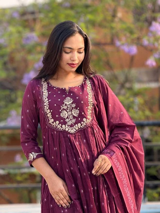 Women's Cotton Embroidery Anarkali Kurti and Pant with Dupatta Set - Image 3