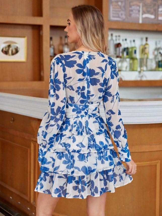 Leriya Fashion Women’s V-Neck Floral Print Ruffle Long Sleeve A-Line Mini Dress | Elegant Casual Party Outfit | Lightweight Layered Summer Wear - Image 3