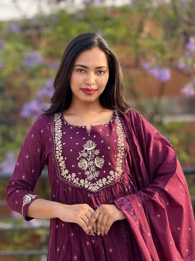 Women's Cotton Embroidery Anarkali Kurti and Pant with Dupatta Set - Image 2