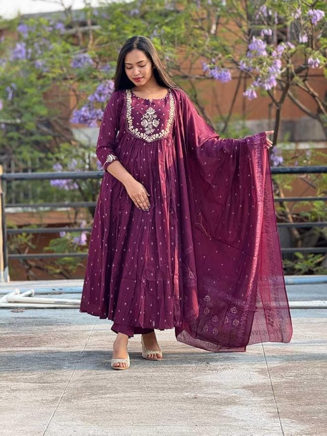 Women's Cotton Embroidery Anarkali Kurti and Pant with Dupatta Set