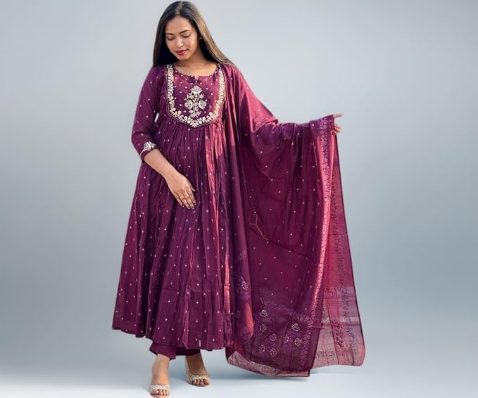 Women's Cotton Embroidery Anarkali Kurti and Pant with Dupatta Set - Image 4