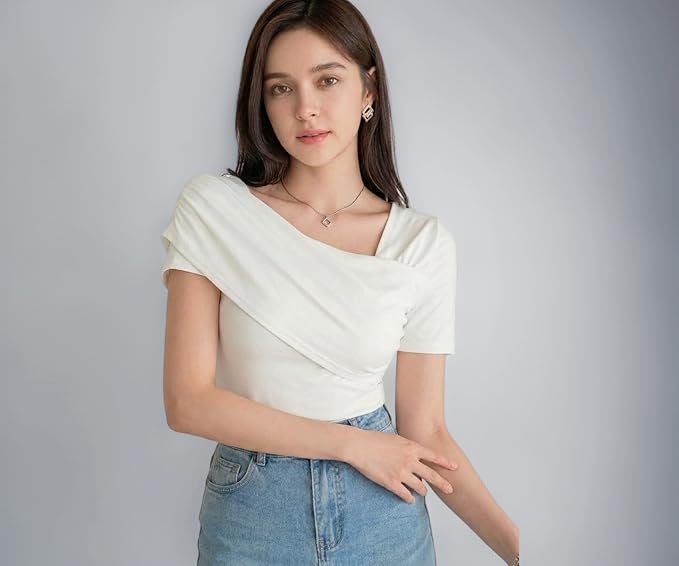 Istyle Can Women Ruched Asymmetrical Neck Stretch Top - Image 4