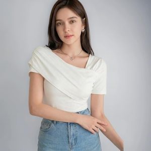 Istyle Can Women Ruched Asymmetrical Neck Stretch Top