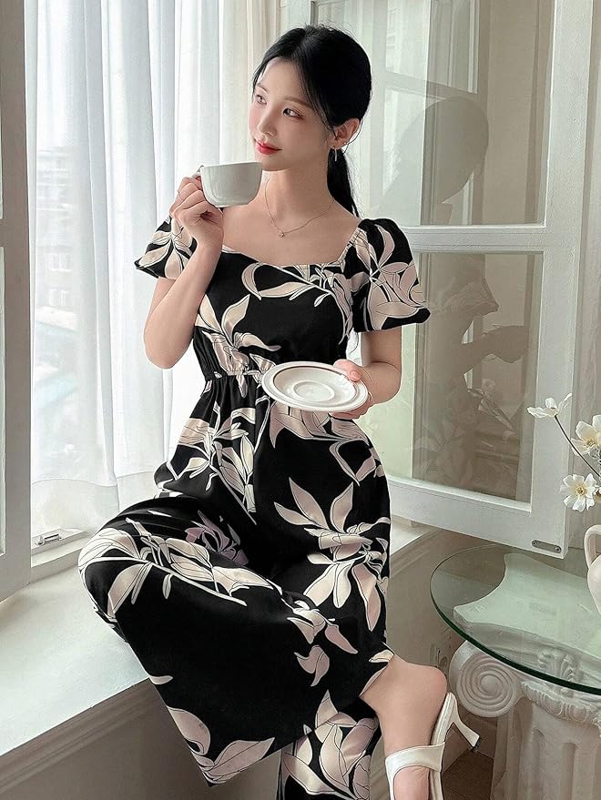 LITZO Dress for Women | Long Rayon Dress for Women's | Floral Wide Leg Long Jumpsuit with Pockets | Regular Jumpsuit for - Image 3