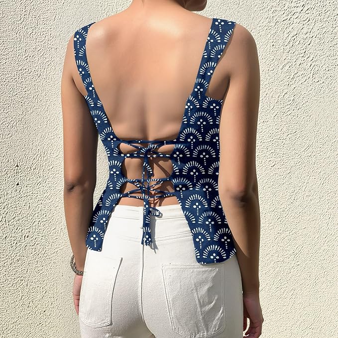 Aahwan Green Printed Square Neck Sleeveless Backless Short Indo-Western Ethnic Kurti Top for Women's & Girl's Ethnic Top for Women's & Girl's - Image 2