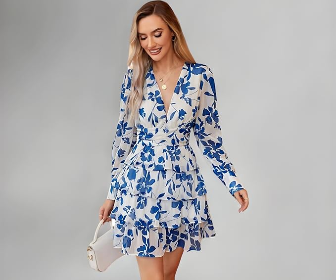 Leriya Fashion Women’s V-Neck Floral Print Ruffle Long Sleeve A-Line Mini Dress | Elegant Casual Party Outfit | Lightweight Layered Summer Wear - Image 4