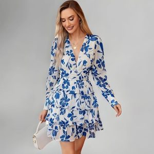 Leriya Fashion Women’s V-Neck Floral Print Ruffle Long Sleeve A-Line Mini Dress | Elegant Casual Party Outfit | Lightweight Layered Summer Wear